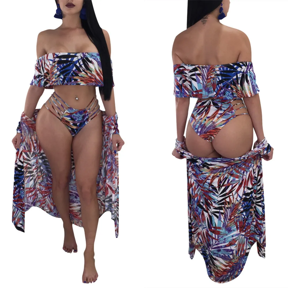 

Sexy Beach Bikini Swim Party Dress Hot Spring Wear Style European Female Swimsuit Faye Floral Leaf Prints Bikini 4 Pcs Set
