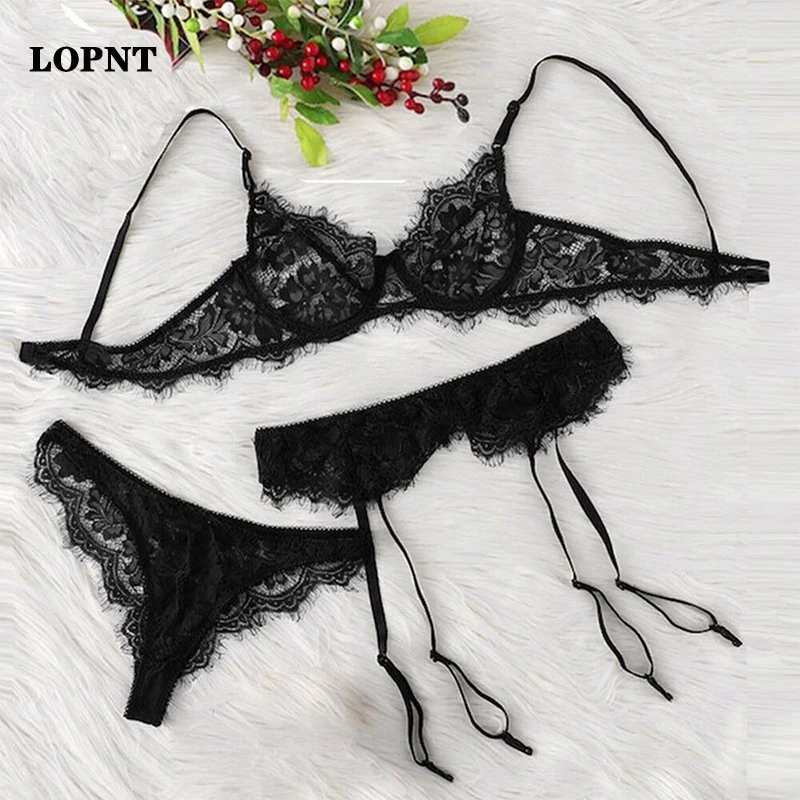 

LOPNT New Women's Sexy Underwear Bra Set Wire free Brassiere+Garter+Underpants 3pcs Sexy Lingerie set Comfortable Lace Underwear