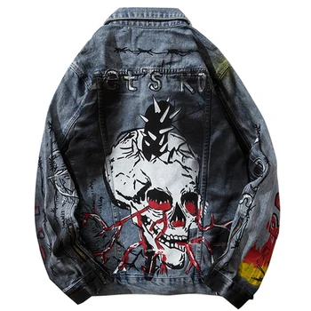 

Streetwear Jeans Coat Rock Vintage Fashion Autumn Harajuku Jackets Male 2019 Hip Hop Skull Graffiti Denim Jacket Men
