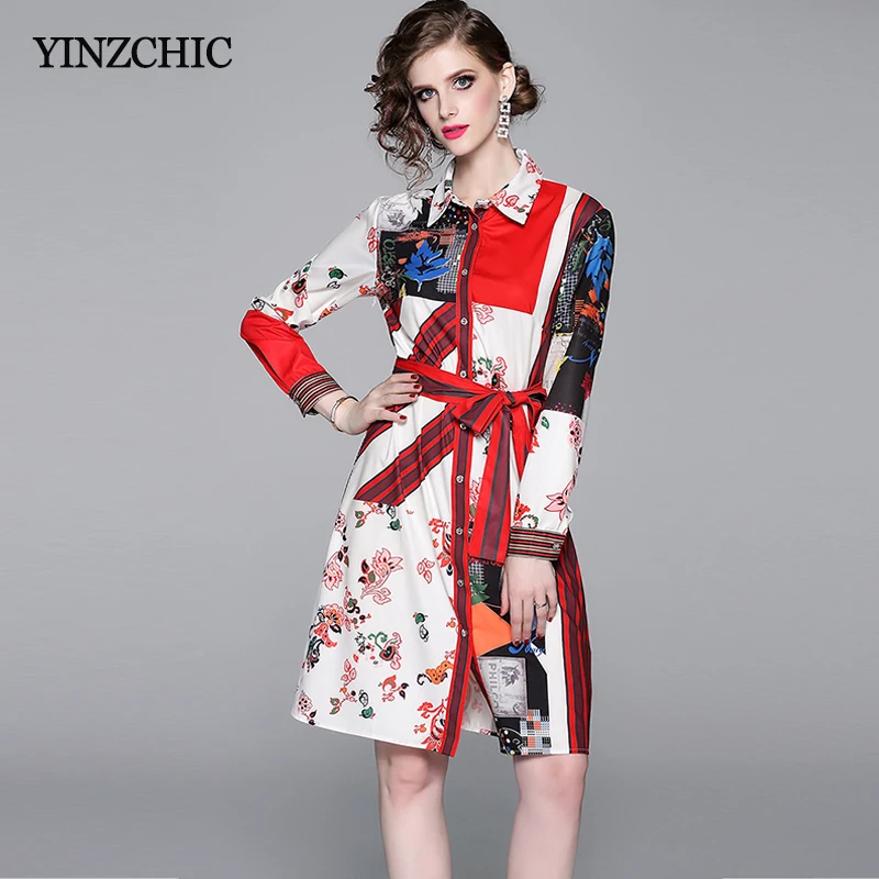 

Autumn New Woman Loose Mid Dress Sash Waisted Female Casual Shirt Dress Full Sleeve Printed Casual Dress Woman