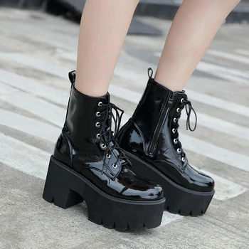 preço Mulher Rendas Botas De Outono Das Mulheres Senhoras Chunky Cunha Plataforma Preto Patente Couro Tornozelo Botas Punk Goth Nova Chegada 2020 Ymb267