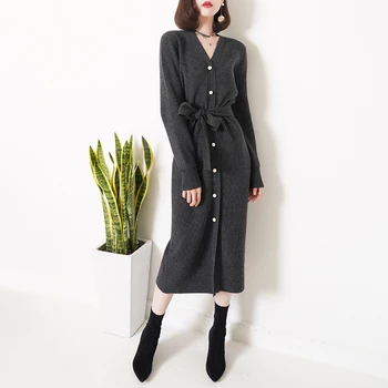 

Women Dress 2019 Autumn and Winter New V-neck Waist Pearl Button Knit Dress