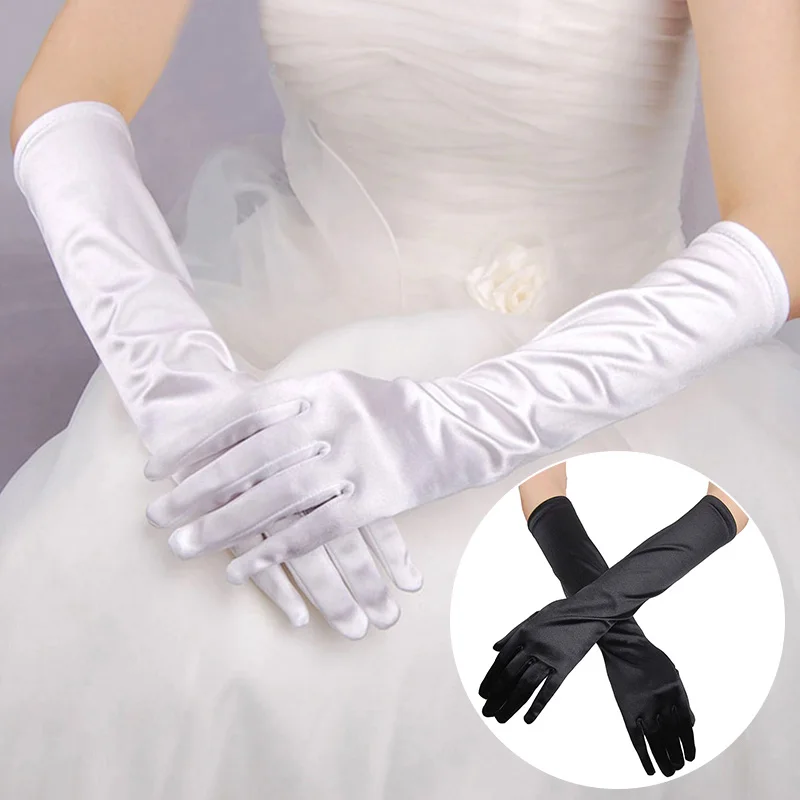 Blanc - Gants en Satin Blanc pour Femme, Robe de Soirée, Doigt