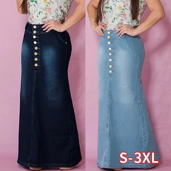 

Women's Casual Front Button Washed Denim A-Line Skirts Long Jean Skirt skirts womens jupe femme faldas mujer moda 2020