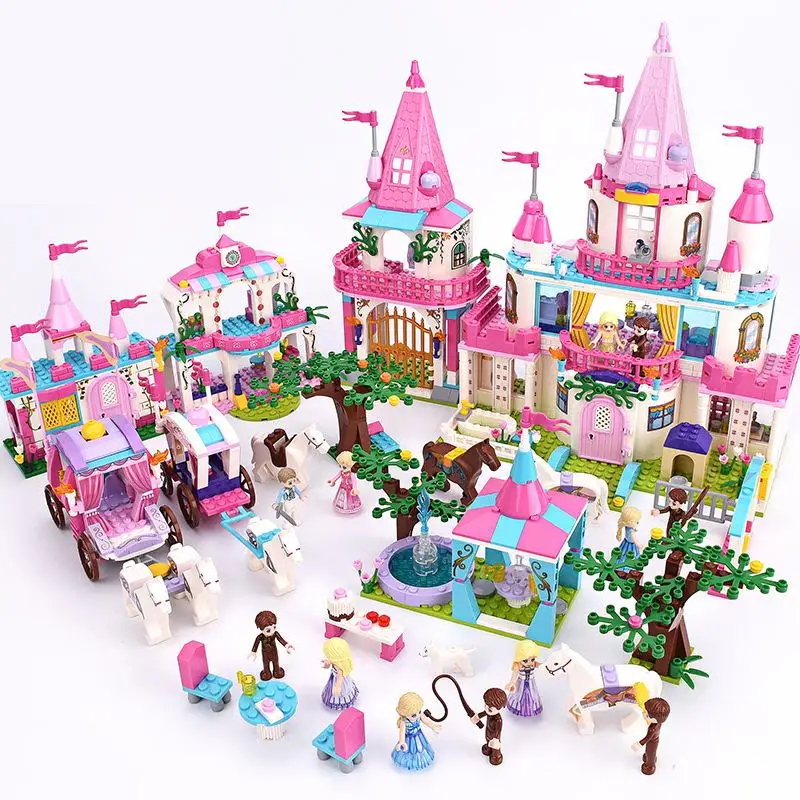 

9009 Pink Castle Bricks Building Blocks Royal Carriage Shower Bath For Princess Alice Girls 9013