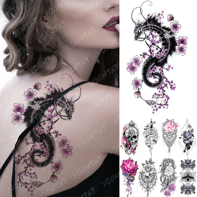 Waterproof Temporary Tattoo Sticker Black Flying Dragon Snake Peony Rose  Flower Flash Tatto Women Men Arm Body Art Fake Tattoos - AliExpress