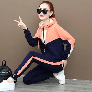 

Tracksuit 2pcs Women Set Hoodies Crop Top Sweatshirt+Side Stripe Pants Hooded 2 Pieces Sets Women Clothing Plus Size Suit Female