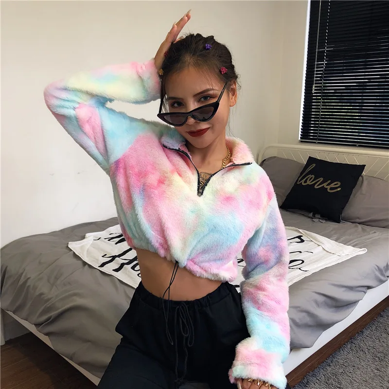 

Joskaa 2019 Long Sleeve Rainbow Print High Neck Faux Lambs Wool Crop Tops Autumn Winter Women Streetwear Solid Coat Hoodies