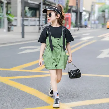 

Two Piece Set Big Girls Short Sleeve T-shirt + Suspender Shorts Outfits Korean Clothes Kids Cargo Metal Buckle Strap Streetwear