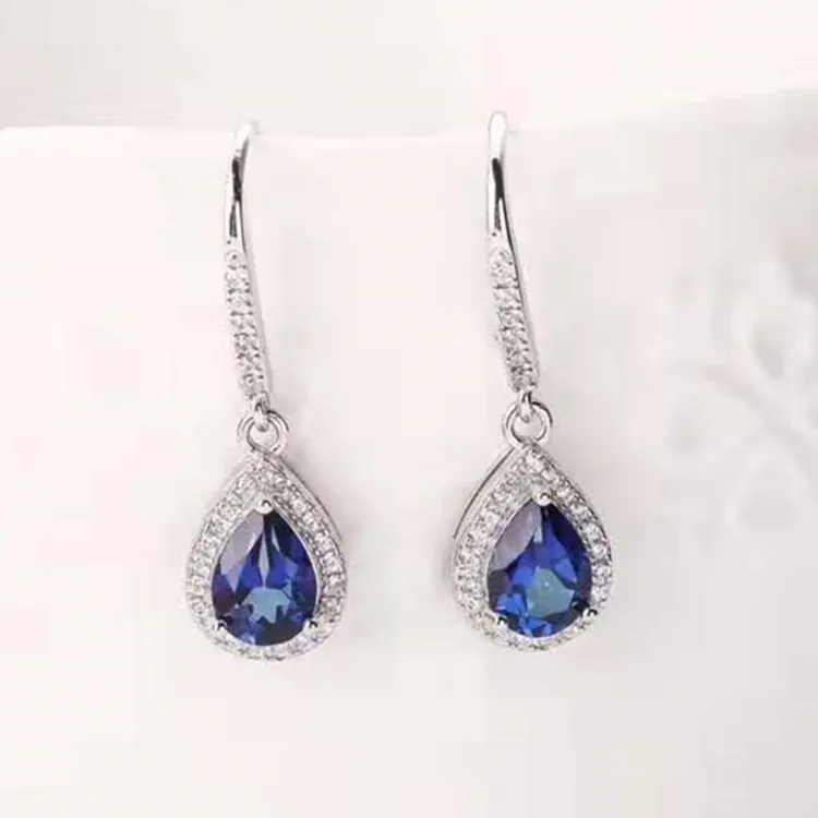 

New Style Multicolored Jewelry 925 Silver Set with 5x7mm Natural Tanzanite Topaz Drop-Shaped Ear Stud