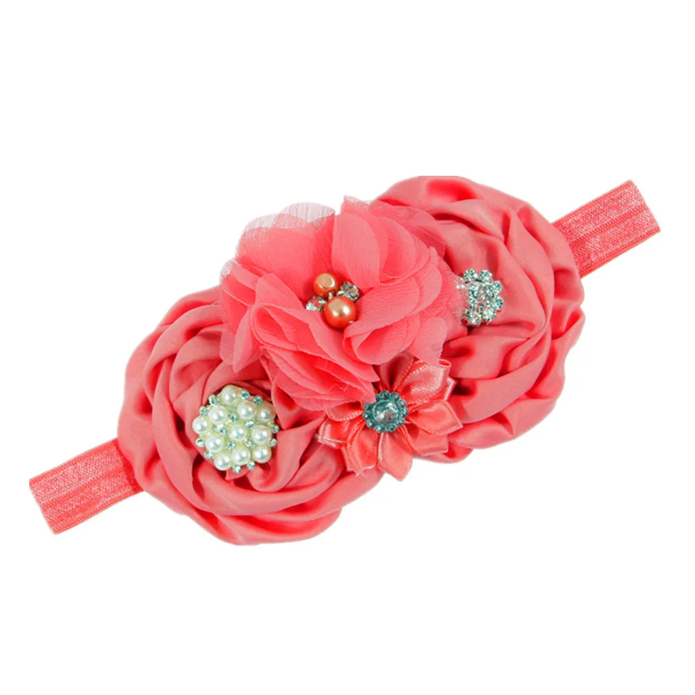 watermelon red Новые атласные цветочные повязки на голову, брошь из горного хрусталя для девочек, жемчужная эластичная резинка для волос - Цвет: watermelon red