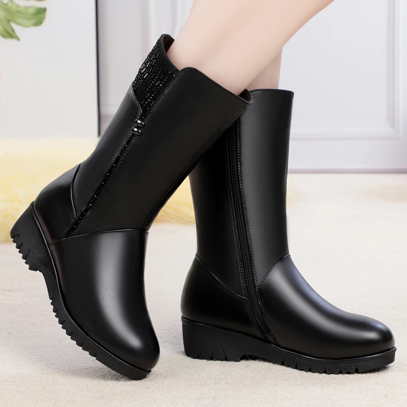 Gktinoo 2024 Nieuwe Winter Koe Leren Laarzen Voor Vrouwen Schoenen Wiggen In Pluche Wollen Snowboots Plus Size In-Tube Laars Vrouwen Laarzen