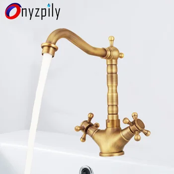 

Onyzpily Kitchen Sink Faucet Antique Brass Swivel Dual Handle Bathroom Mixer Tap with Hot and Cold Water Deck Mounted torneira