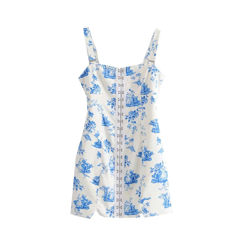 

Summer New Style Retro Blue And White Porcelain Printed Sleeveless Slim Fit Slimming Hooks Deconstructable Strapped Dress