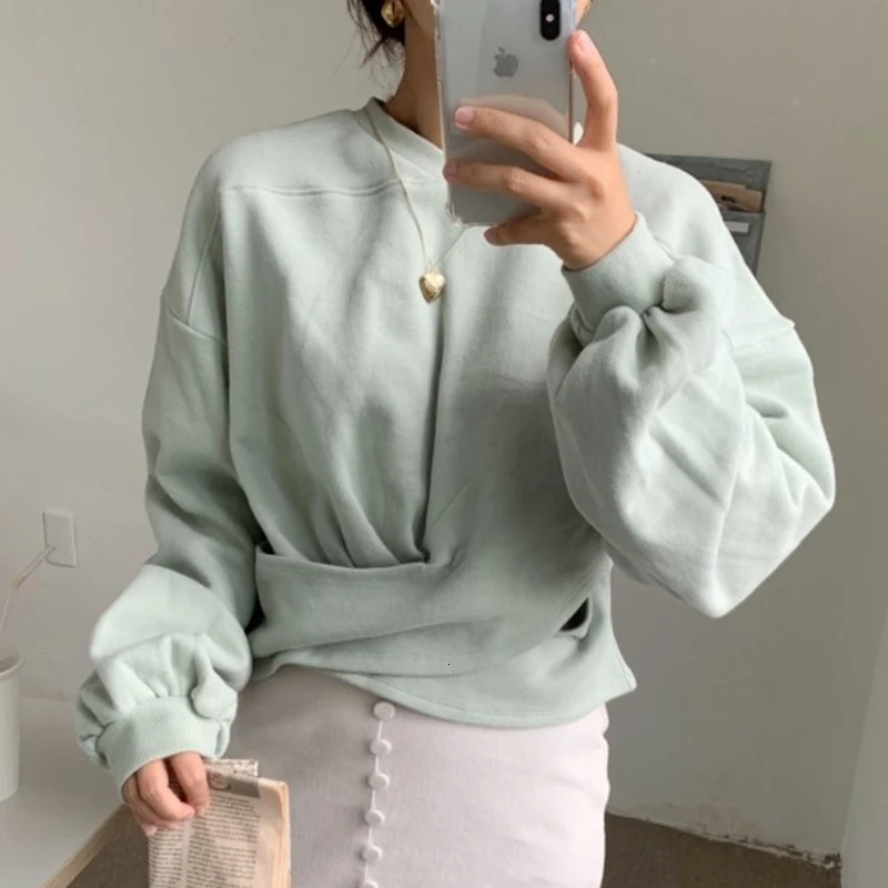 SHENGPALAE Round Collar Lantern Sleeve Women Feminino Jumpers Autumn Winter Keep Warm Korean Loose Women Sweatshirt A871 - Цвет: green