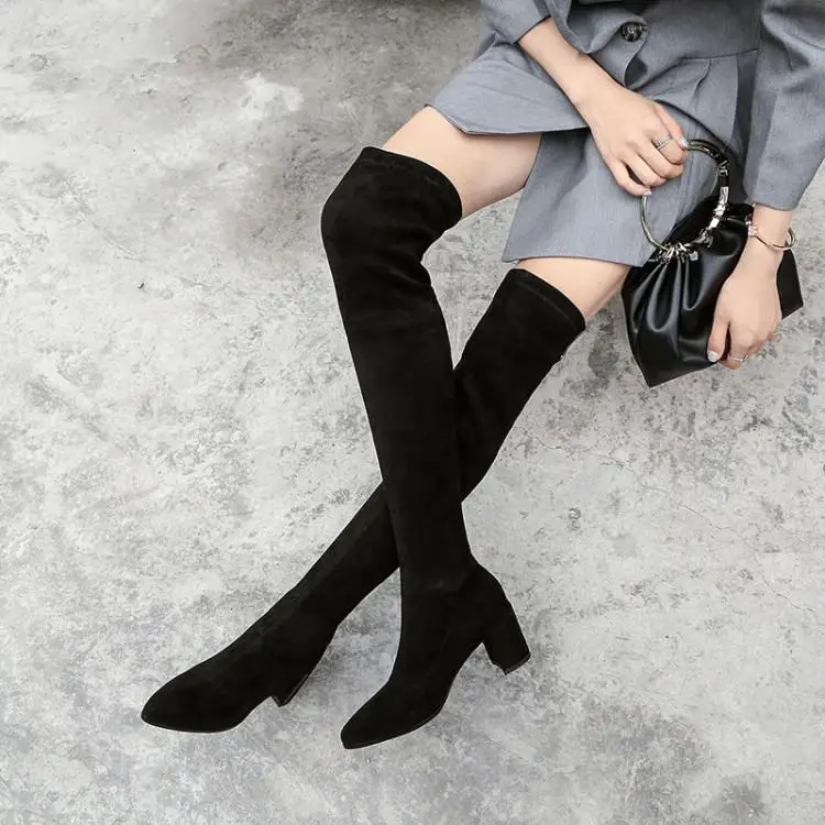 

2019 autumn winters knee-high boots female thick with elastic boots knee-high boots since with tall canister boots suede