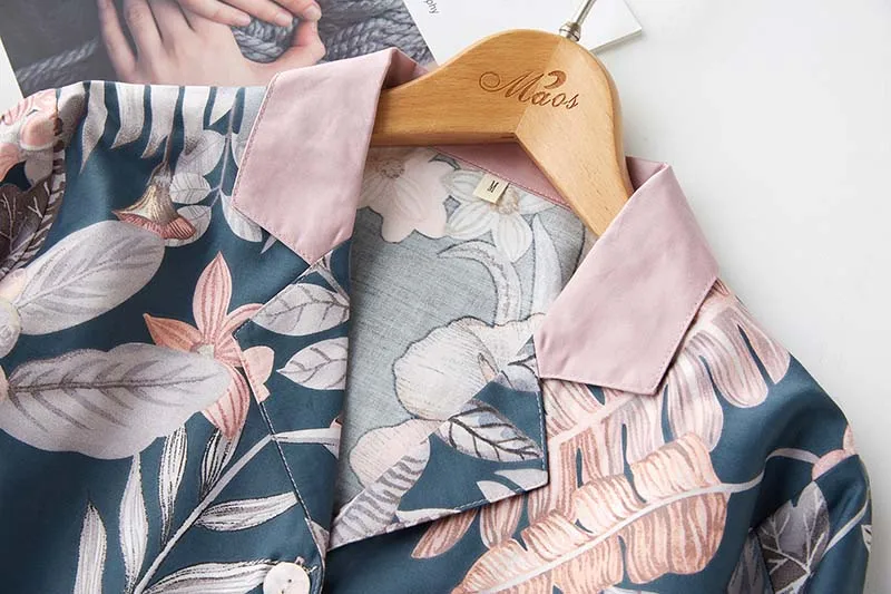 Классический стиль magpie цветочное атласное с узором Хлопковые женские пижамы наборы с длинными рукавами и штаны пижамы с отложным воротником домашний костюм