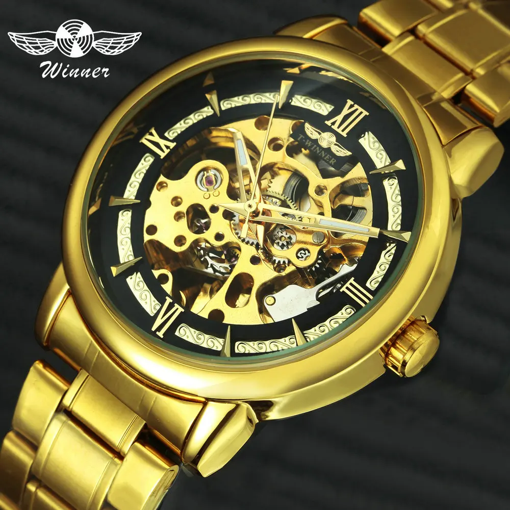 Billig GEWINNER Offizielle Marke Luxus Gold Uhr Männer Automatische Mechanische Skeleton Uhren Herren Edelstahl Strap Business Armbanduhr