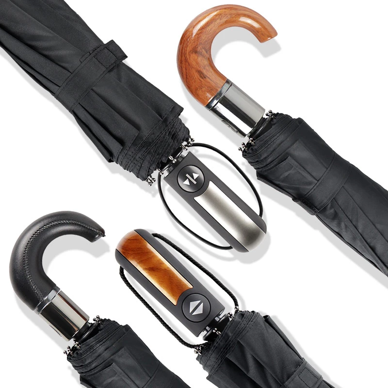 Estilo Britânico Guarda-chuva Automático Resistente Ao Vento 3 Dobras Feito Em Couro Com Alça De Madeira | Дом и сад