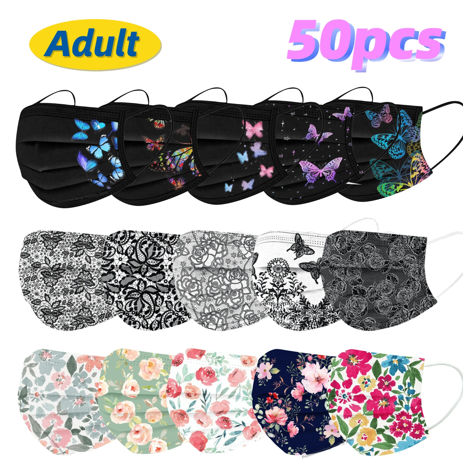 10pcs Adults Mask Women Fashion Butterfly Flower Printed Disposable Face Mask masque Industrial 3Ply Ear Loop mascarillas