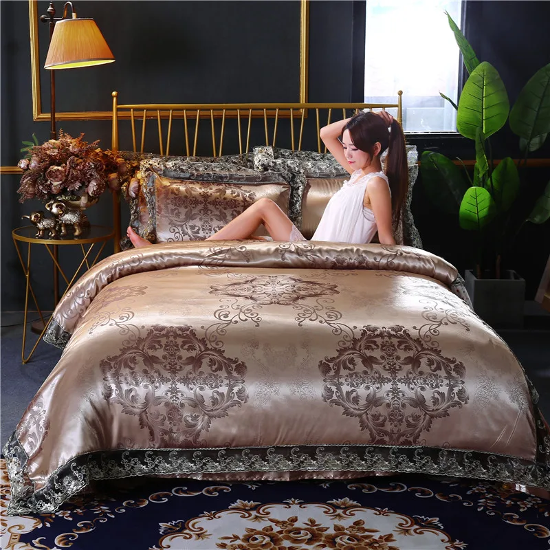 005 Liv-Esthete Luxury Satin Jacquard Tribute Silk Bedding Set Lace Side Duvet Cover Flat Sheet Queen King Bed Linen Set For Adult - Цвет: 005