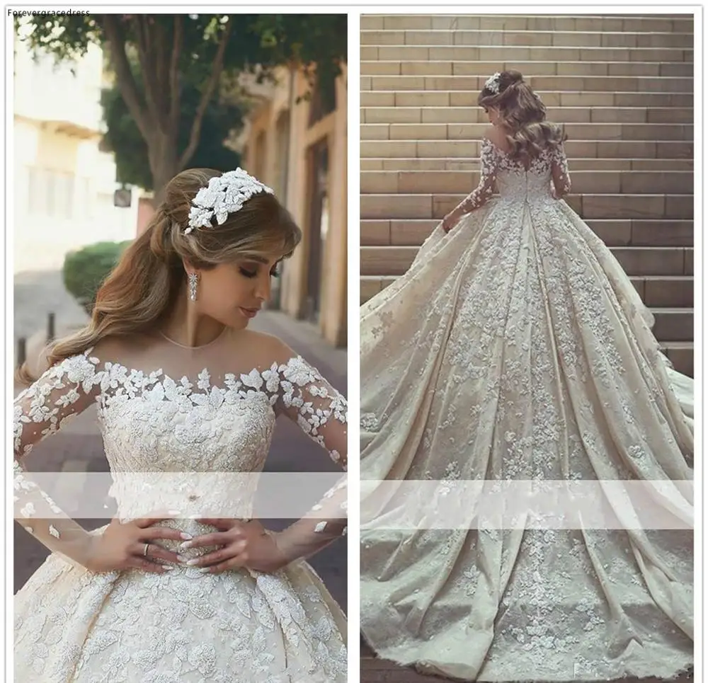 

2019 Arabic Princess Sheer Long Sleeves Wedding Dress Ball Gown Lace Appliques Church Formal Bride Bridal Gown Plus Size