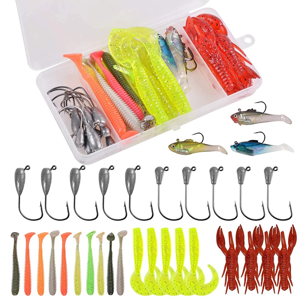 Kit Esche Da Pesca 85 Pezzi Con Scatola Portaoggetti - Teste Piombate E Esche Morbide Rosse, Bianche, Gialle, Verdi - Per Principianti Ed Esperti