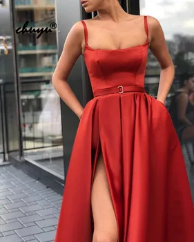 

Spaghetti Straps Satin Evening Dresses High Slit Sash With Pocket Islamic Dubai Saudi Arabic Evening Gown Prom Dress
