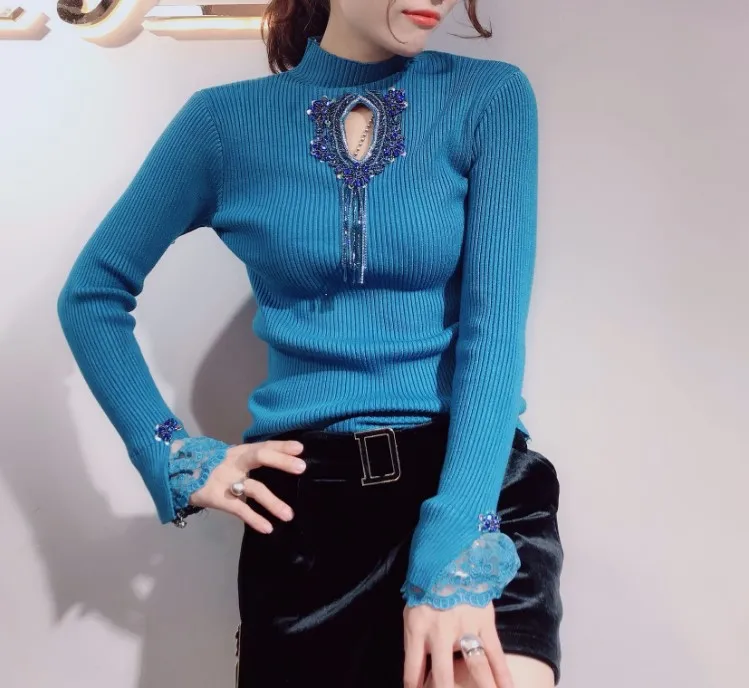 Autumn Winter Luxury Sequins Stand Neck Women Sweaters Sweater Hollow Out Lace tricotado Pullovers Ladies Party Sweaters NS864 - Цвет: Синий