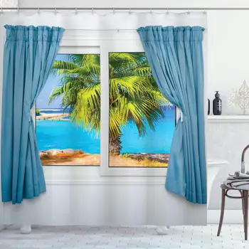 

Beach Shower Curtain, View from Window with a Curtain Tropical Beach Sun Rays Horizon Palm Ocean Print, Cloth Fabric Bathroom