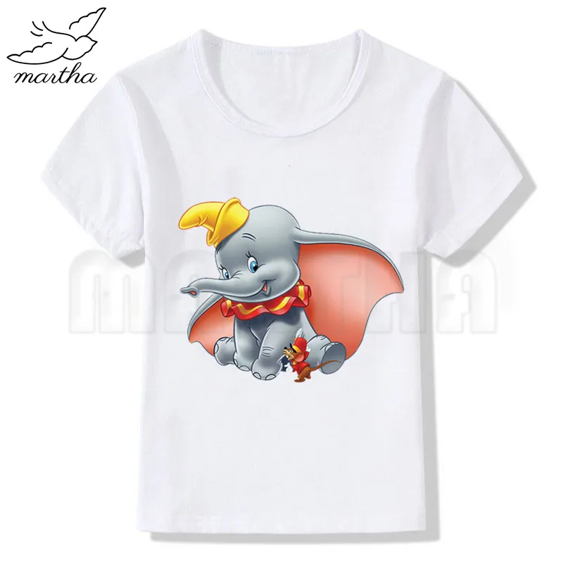 Новинка; Летняя Повседневная футболка с принтом «Dumbo» для маленьких мальчиков и девочек; детская одежда с принтом; топы; Милая Белая футболка с короткими рукавами для маленьких детей