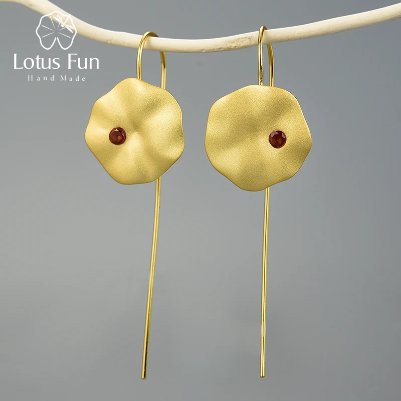 Lotus Fun, 18 k, Золотой лотос, листья, висячие серьги, настоящее 925 пробы, серебро, натуральный, ручной работы, хорошее ювелирное изделие, серьги для женщин, бижутерия