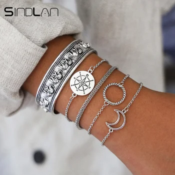 

Sindlan 5PCs Compass Hollow Moon Charm Bracelets for Women Vintage Big Elephant Bangle Open Bangle Set Wrist Jewelry