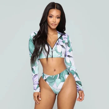 

Women High Waist Print Bikini Set with long Sleeve Push Up Zipper Swimsuit Elegant ladies Bathing Suit High waist Swimwear