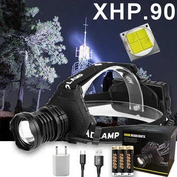 

300000 LM XHP90.2 LED Headlight XHP90 High Power LED Head LampHead lamp USB Rechargeable Headlight Waterproof Zooma Fishing Ligh