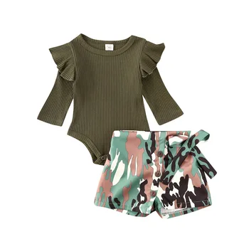 

2Pcs Newborn Kids Baby Girls Clothes Long Sleeve Knitted Romper Camo Bow Shorts Cotton Outfit Casual Kids Clothing