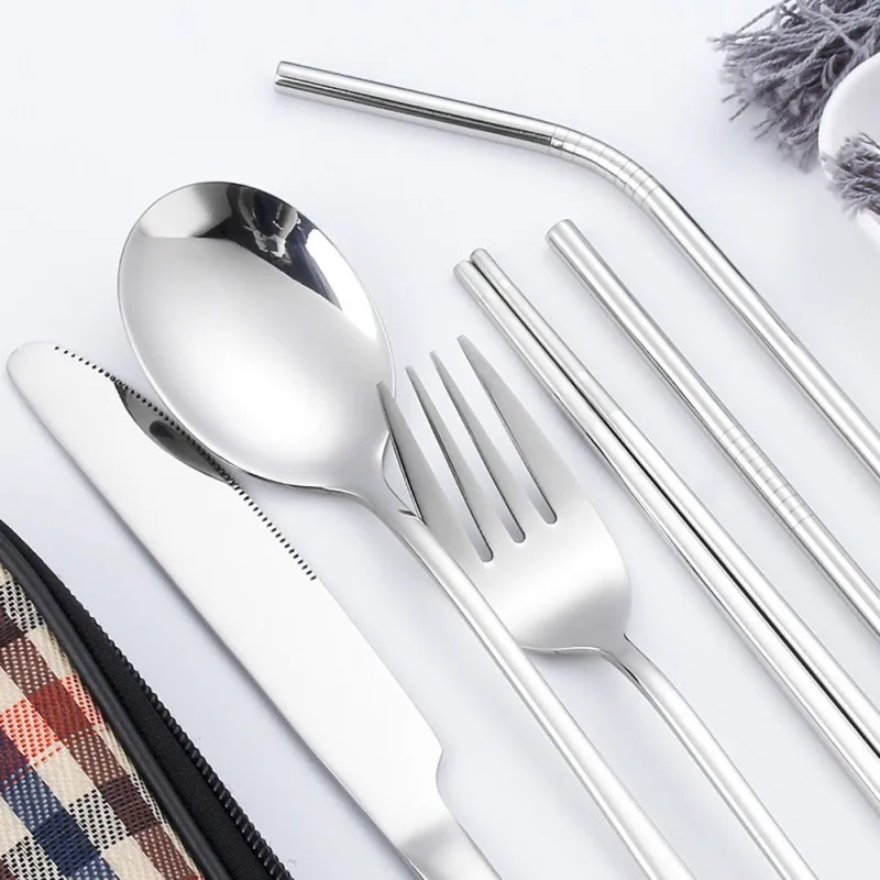 Stainless Steel Cutlery Set Plaid Holding Bag Portable Outdoor Picnic Tableware Fork Knife Spoon Chopsticks Straw Dinner Set