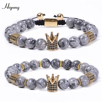 

8MM Natural Map Stone Bracelets For Men Cubic Zirconia Crown Bracelet Charm Grey Healing Stone Beads Bracelet Wholesale Jewelry