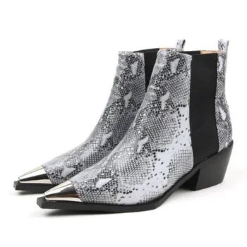 

Womens Pointed Metal Toe Chelsea Ankle Boots Sneake python Pattern Chunky Heel Real Leather Shoes Plus Size 3Colors C761