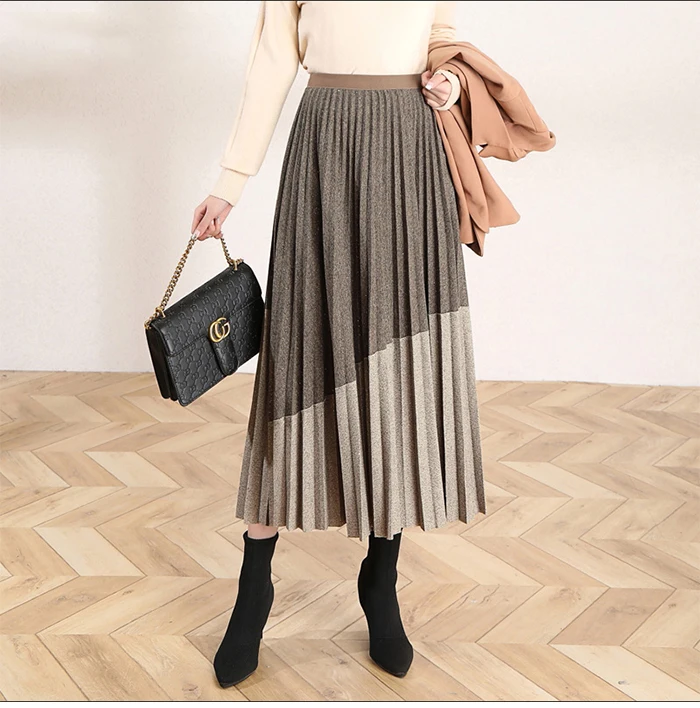 Женская длинная плиссированная юбка TIGENA, юбка макси с высокой талией Контрастный цвет для женщин на осень-зиму