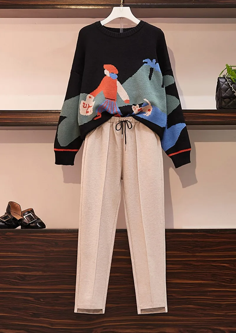 Женский комплект из 2 предметов со штанами, размера плюс, Осень-зима, вязаный узор, свободный свитер для девочки и шерстяные повседневные брюки, костюм - Цвет: as picture