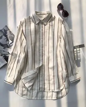 

2019 Early Women's Linen Stripe Blouse Turn Down Collar Long Sleeve Loose Shirt with Button