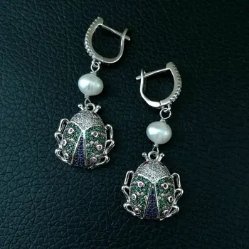 

White Pearl Earrings Beetle CZ Lever back Earrings