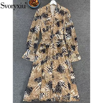 

Svoryxiu Vintage Runway Spring Summer Long Sleeve Dress Women's Fashion Pattern Print Single-Breasted Midi Dresses + Sashes