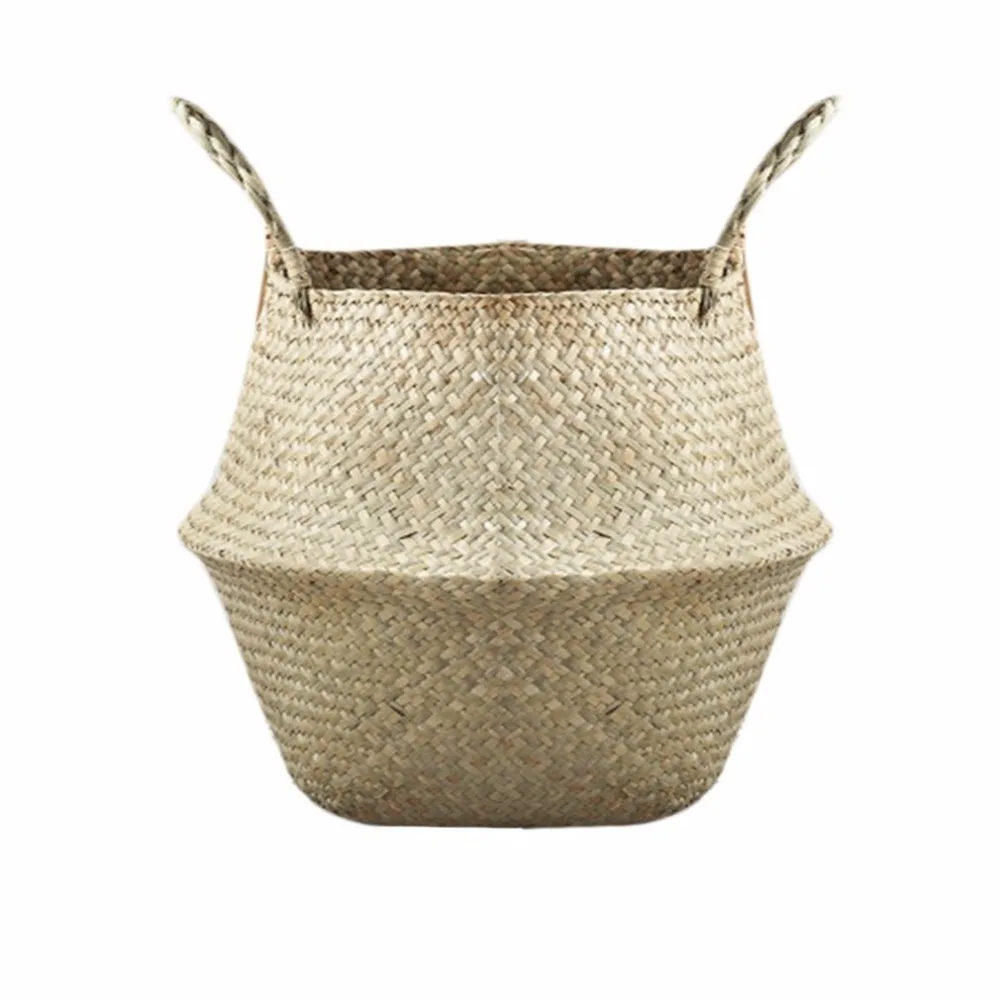 

New Household Foldable Natural Seagrass Woven Storage Pot Garden Flower Vase Hanging Basket With Handle Storage Bellied Basket