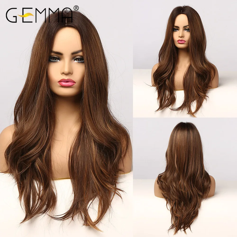 GEMMA Natural Middle Part Synthetic Wig Long Wavy Ombre Black Brown Golden Cosplay Wigs with Highlight for Women Fake Hair | Шиньоны и