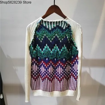 

Law Single 2020 Women's Wear Stripes Geometry Pattern Splicing Half Gao Collar Long Sleeve Jacquard Knitting Sweater Thick