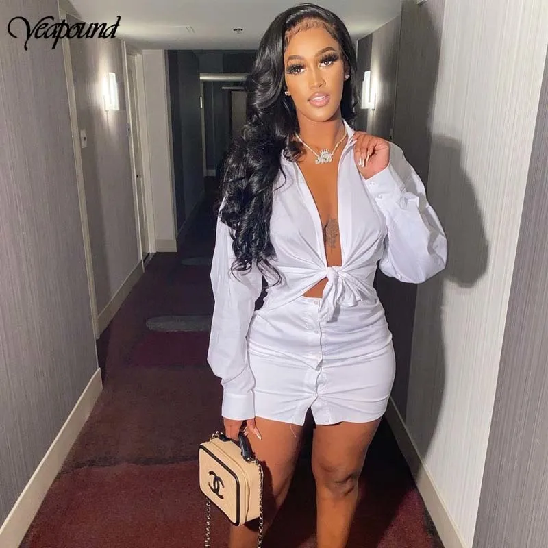 Summer Button Up Two Piece Outfits Set Fashion Turndown Collar Blouse Top + Elegant Skirt Suits Women |