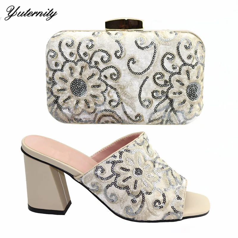 

Beige Color Summer Italian Style Woman Shoes And Bag Set High Quality Elegant High Heels Shoes And Bag Set For Wedding Dress
