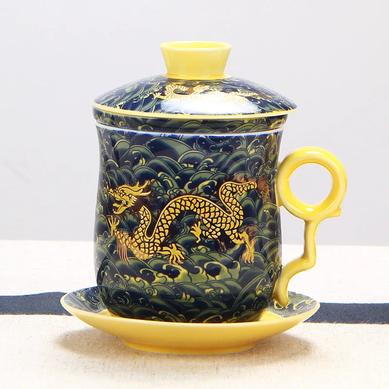 Chinese Dragon Mug for Tea, Ceramic Tea Set with Cover, Water Cup, Filter Infuser, Office Meeting, Four-Piece Set